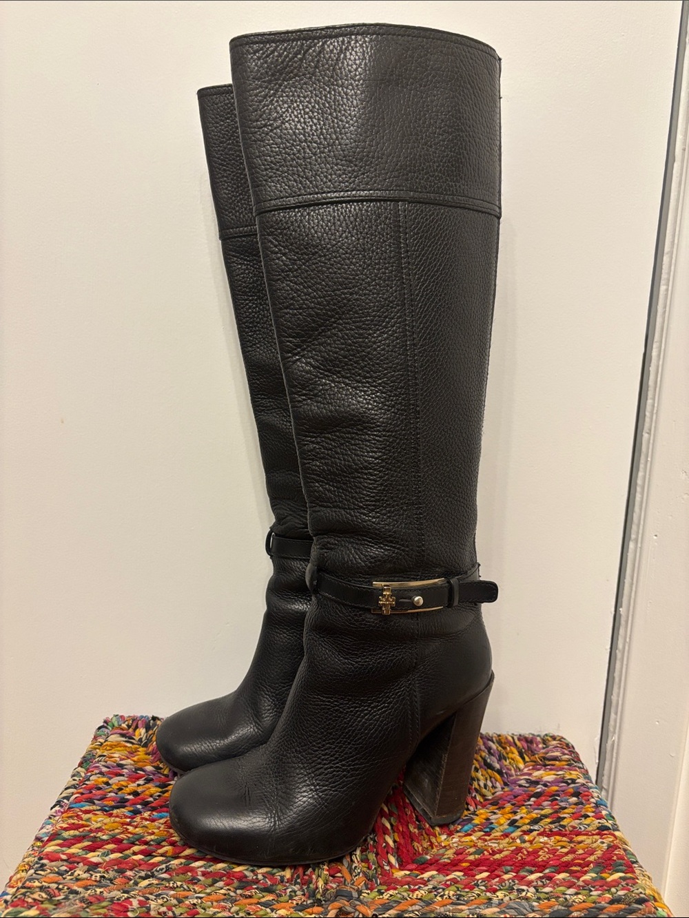Tory Burch Jenna Black Pebbled Leather Tall Heeled Boots Size 8